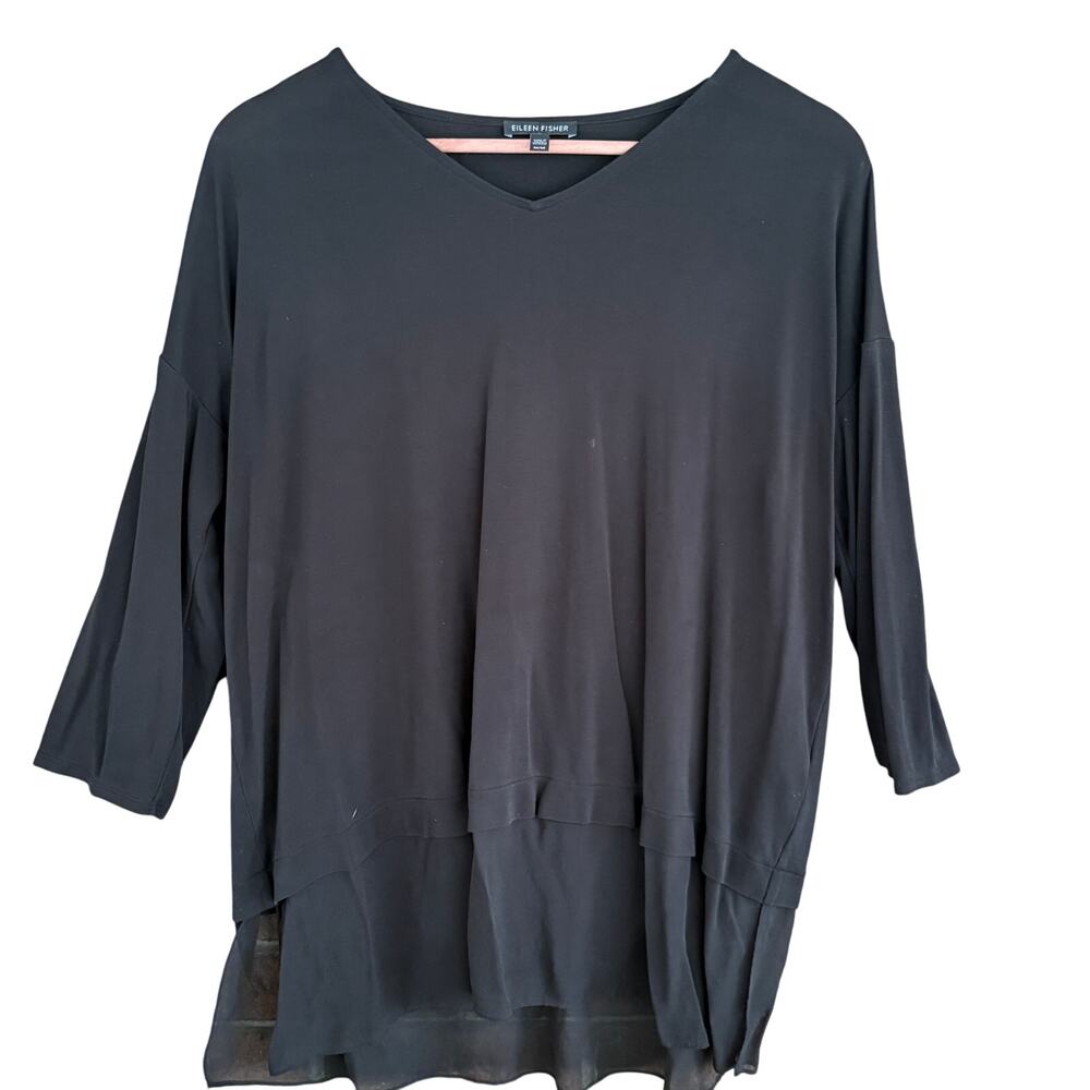 Eileen Fisher Silk Tunic M Black Top Blouse Shirt Capsule Minimalist V Neck